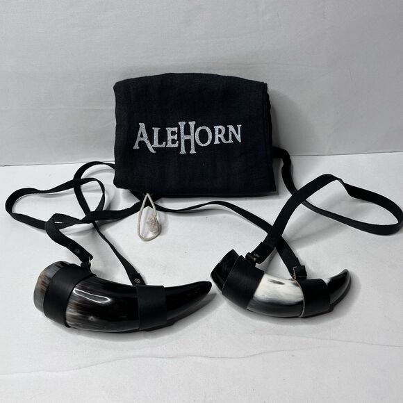 Lot Of 2 Ale Horn Bovine Viking Drinking Shot Size Horn with Leather Strap - Picture 1 of 11